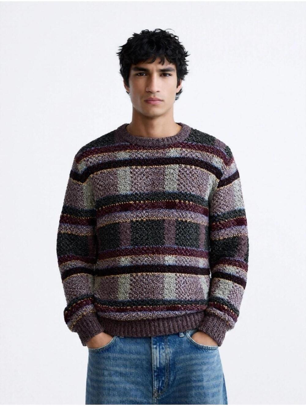 Men's 100% wool Vintage Grandpa Sweater Brown Gray Geometric Abstract